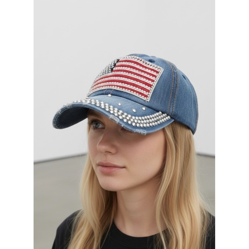 NoLLia‎ American Flag Rhinestone Distressed Denim Baseball Cap Blue One Size